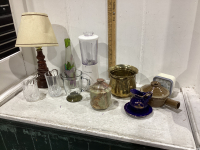 2 BOXES- CRYSTAL GLASSES, MUGS, LAMP, PLATES