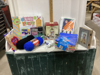 TOTE OF YARN, XMAS GLOBE, FOAM SHEETS, RULED PAPER, FRAME, ORGANIZER WITH SMALL HARDWARE