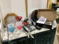 BOX W/PHONES, WALL CLOCKS, ANTIQUE MICROPHONE, PLASTIC GLASSES