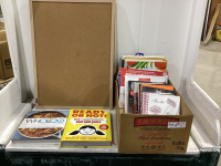 BOX OF COOKBOOKS AND A CORK BOARD