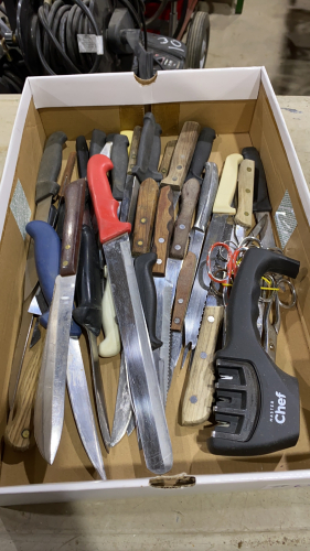 BOX OF KITCHEN KNIVES, SCISSORS, SHARPENER