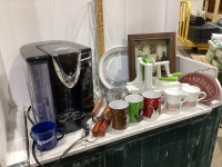 2 BOXES- POD COFFEE MAKER AND CHRISTMAS MUGS, STARFRIT SLICES/DICER