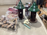 2 BIRD FEEDERS, WINE DECANTER, CORK SCREW AND COIN ROLLERS