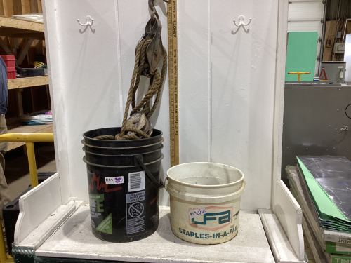 PAIL OF FENCING STAPLES AND BLOCK + TACKLE