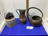 OLD COPPER KETTLE, COPPER PITCHER, PICKEL CROCK WITH LID