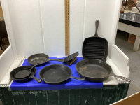 6 CAST IRON PANS & PRESS