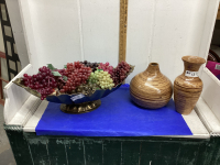 LARGE BRASS BOWL OF PLASTIC FRUIT & TWO LIGHT WEIGHT VASES