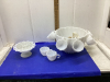 MILK GLASS - PUNCH BOWL WITH 7 CUPS & FROG