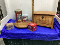 2 BOXES OF ASSORTED WOOD ITEMS & TINS