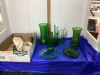 2 BOXES OF GREEN GLASS ASSORTED VASES & DISHES