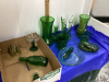 2 BOXES OF GREEN GLASS ASSORTED VASES & DISHES - 2