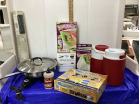 COOLER JUGS, ELECTRIC FRYING PAN, ASSORTMENT OF HOUSEHOLD ITEMS