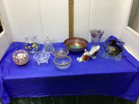 BOX OF ASSORTED GLASS VASES, BELL, DISHES & CANDLE HOLDER