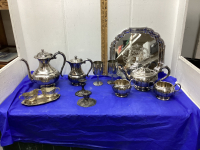 ASSORTMENT OF SILVER PLATED TEA POTS, CREAM & SUGAR, WINE GLASSES