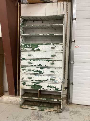 OLD TALL SHELF UNIT WITH 6 DRAWERS ,5 SHELVES