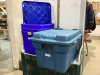 3 RECYCLE BINS + RUBBERMAID TOTE