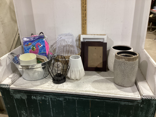 2 BOXES-TINS, FRAMES, WOOD ORNAMENTS, PLANT POTS,