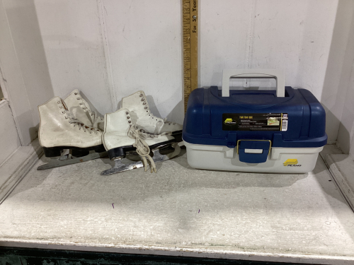 BOX W/TACKLE BOX AND 2 PAIRS OF FIGURE SKATES