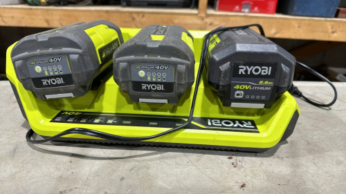 Ryobi battery charger with (3) 40V batteries