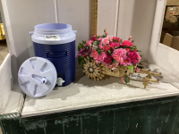 RUBBERMAID WATER JUG + WOOD WHEELBARROW W/ARTIFICIAL FLOWERS