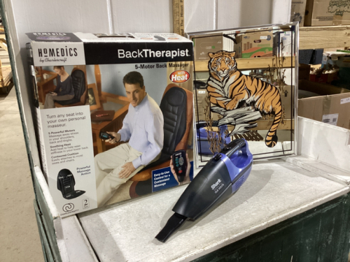 2 BOXES HOMEMEDICS BACK MASSAGER , MIRROR, LAMPS, SHARK VACUUM-NO CORDS