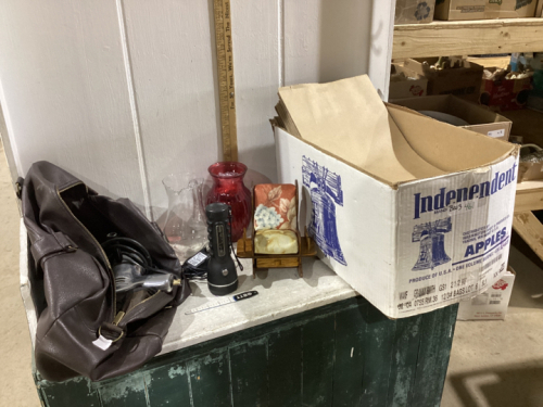 BOX OF BROWN PAPER BAGS, ELECTRIC DRILL, VASE, PITCHER, FLASHLIGHT