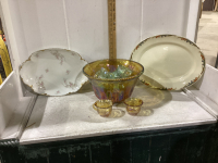 CARNIVAL GLASS PUNCH BOWL W/CUPS AND 2 SERVING PLATTERS