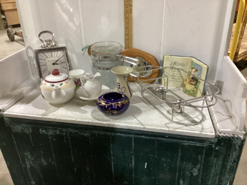 BOX W/ PYREX DOUBLE BOILER, CLOCK, VASE, TEAPOT,