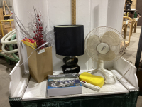 3 PIECES - LAMP, FAN, BOX W/XMAS DECOR, HALOGEN LIGHT, CORDS