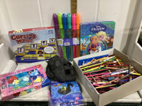 CRAYONS, PUZZELS & GAMES, FOLDING CHAIR, BASEBALL GLOVE, BOOKS