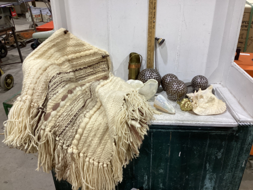 2 BOXES - WOOL PONCHO, LOTS OD SEA SHELL DECOR