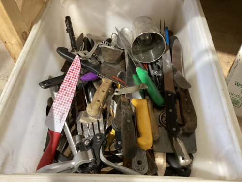 ASSORTMENT OF KNIVES, WINE OPENER, LOTS OF UTINSILS