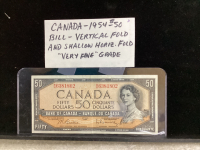 CANADA - 1954 $50 DOLLAR BILL - VERTICAL FOLD & SHALLOW HORIZONTAL FOLD