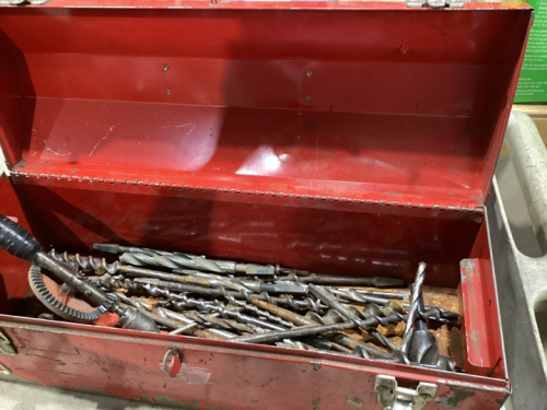 ANTIQUE DRILL BITS IN RED TOOL BOX