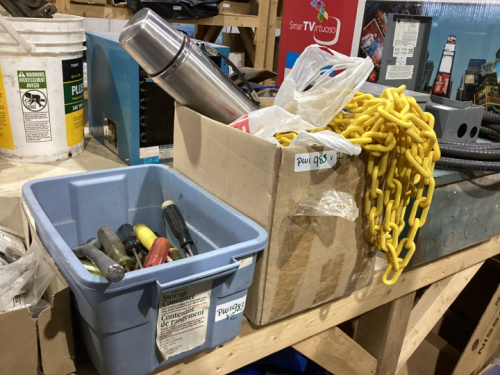 (2) BOXES W/ PLASTIC CHAIN, THERMOS, MISC TOOLS