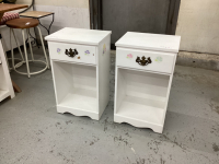 2 SMALL SIDE TABLES - ONE DRAWER EACH -PRESSED WOOD