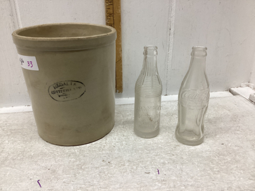 MEDALTA POTTERIES SMALL CROCK + 2 POP BOTTLES