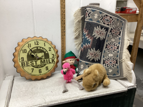 BOTTLE CAP CLOCK AND STUFFIES, RUG RUNNER