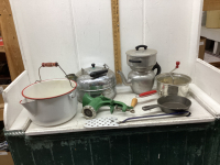 MEAT GRINDER, CAST FRY PAN, KETTLE, ENAMELWARE KETTLE,