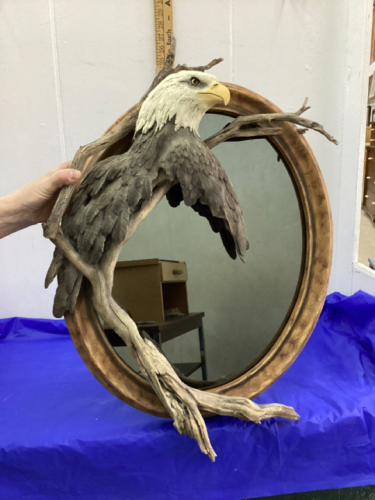 HEAVY OVAL DARKER MIRROR W/RESIN EAGLE HEAD + RESIN WOOD