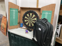 DART BOARD IN CABINET AND COMPUTER BAG