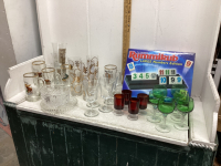 VINTAGE GLASSWARE + RUMIKUB GAME, CANDY DISHES