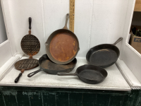 CAST FRY PANS - 5 PANS + ONE WAFFLE (NEEDS REPAIR)