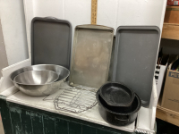 LARGE SS BOWLS, 2 ROASTERS, COOKIE SHEETS