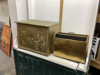 BRASS COVERED WOOD BOX AND BRASS COVERED MAGAZINE RACK