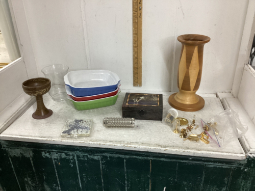 WOOD VASE, WOOD BOX W/MINI BRASS ITEMS, SMALL PIECE OF DRIFTWOOD + LIGHTED TWIGS