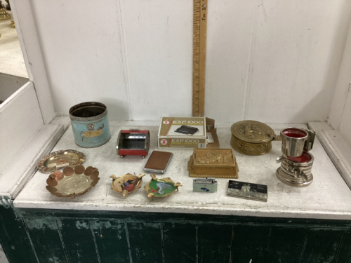 SMOKING ITEMS- ASHTRAYS, TABACCO TIN, ROLLER MACHINE,