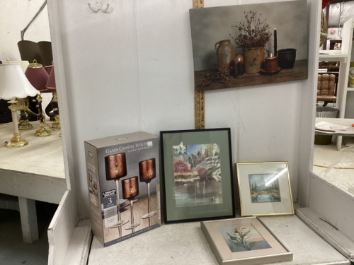 PICTURES, CANDLE HOLDERS, 2 WATER COLOUR PICTURES,