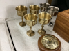 2 BOXES - 4 BRASS + 2 SILVER GOBLETS, BAROMETER, PIGGY BANK? + BAGS - 2