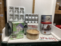 2 BOXES OF HOUSEHOLD - 2 EASTER MUFFIN PANS, GINGERBREAD HOUSE MOLD, HAMILTON BEACH FOOD CHOPPER